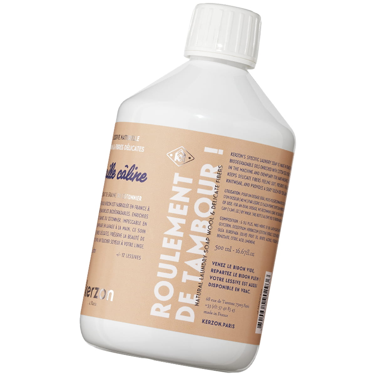 Kerzon Laundry Soap - Maille Caline (500 ml) - product shown from back. 
