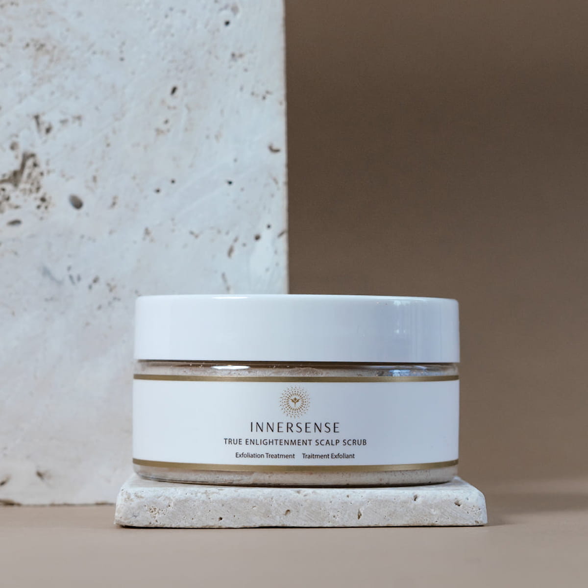 Innersense True Enlightenment Scalp Scrub (190 g) - product shown on stone. 