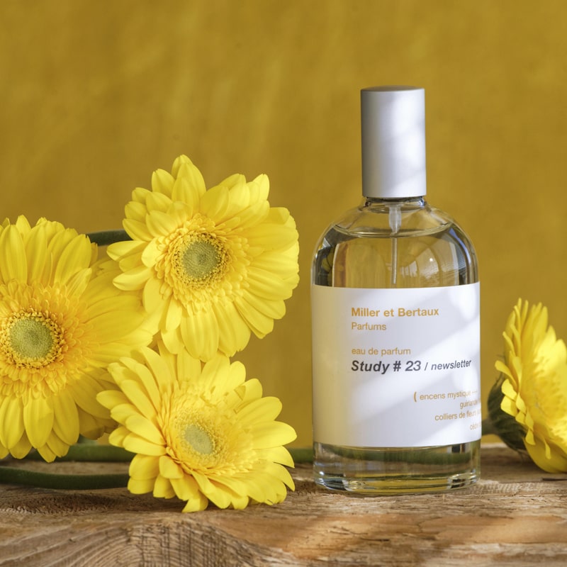 Miller et Bertaux Study #23 Eau de Parfum (100 ml) lifestyle shot with yellow flowers in the background