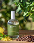 Miller et Bertaux Menta y Menta Eau de Parfum (100 ml) lifestyle shot with lemon, mint and coffee beans in the background