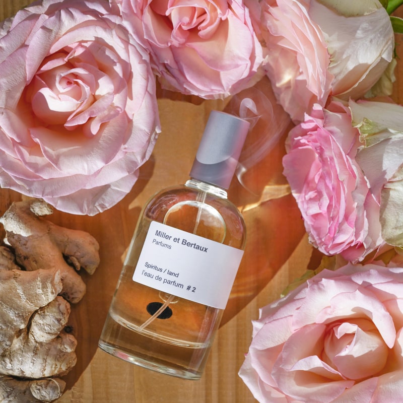 Miller et Bertaux #2 Eau de Parfum (100 ml) lifestyle shot top view, with pink roses and ginger in the background
