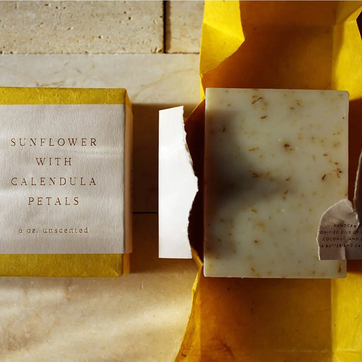 Saipua Soaps Sunflower with Calendula Petals Unscented Soap (6 oz) shown wrapped and unwrapped