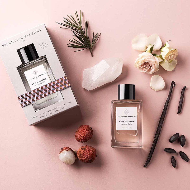 Essential Parfums Rose Magnetic Perfume by Sophie Labbe beauty shot with primary ingredients