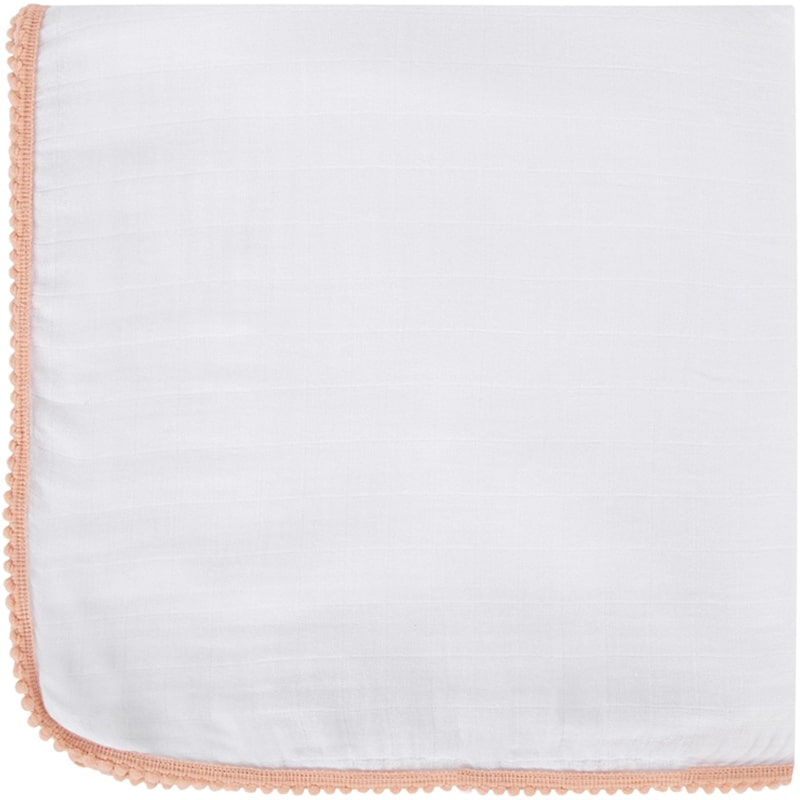 Malabar Baby Luxe Silky Soft Bamboo Cotton Swaddle - Peach Pom Pom Trim (1 pc) shown folded