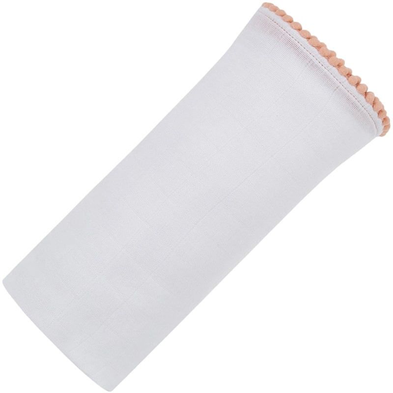 Malabar Baby Luxe Silky Soft Bamboo Cotton Swaddle - Peach Pom Pom Trim (1 pc) shown rolled