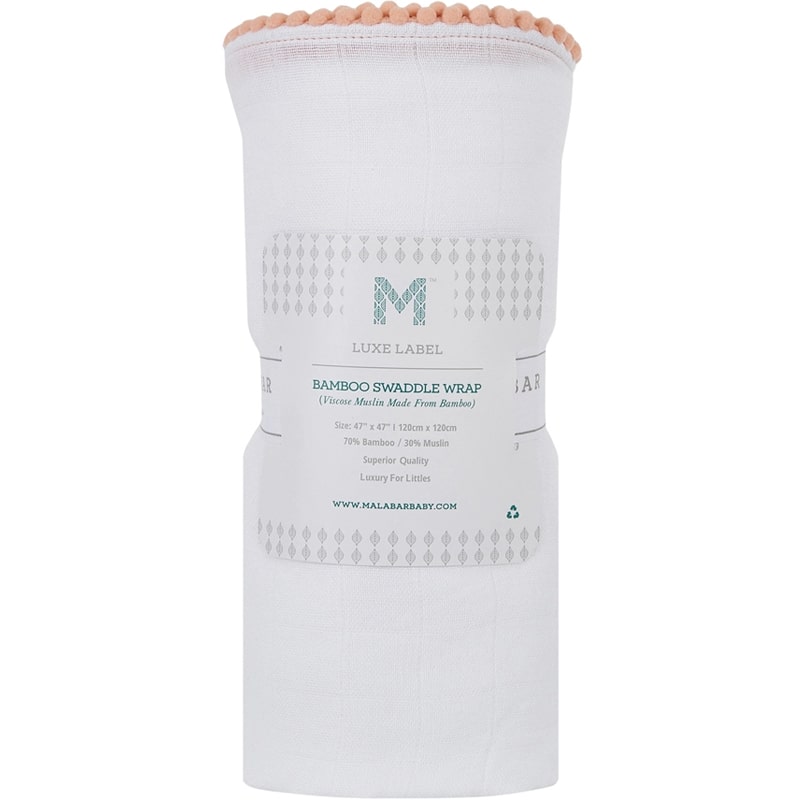 Malabar Baby Luxe Silky Soft Bamboo Cotton Swaddle - Peach Pom Pom Trim (1 pc) shown rolled with packaging