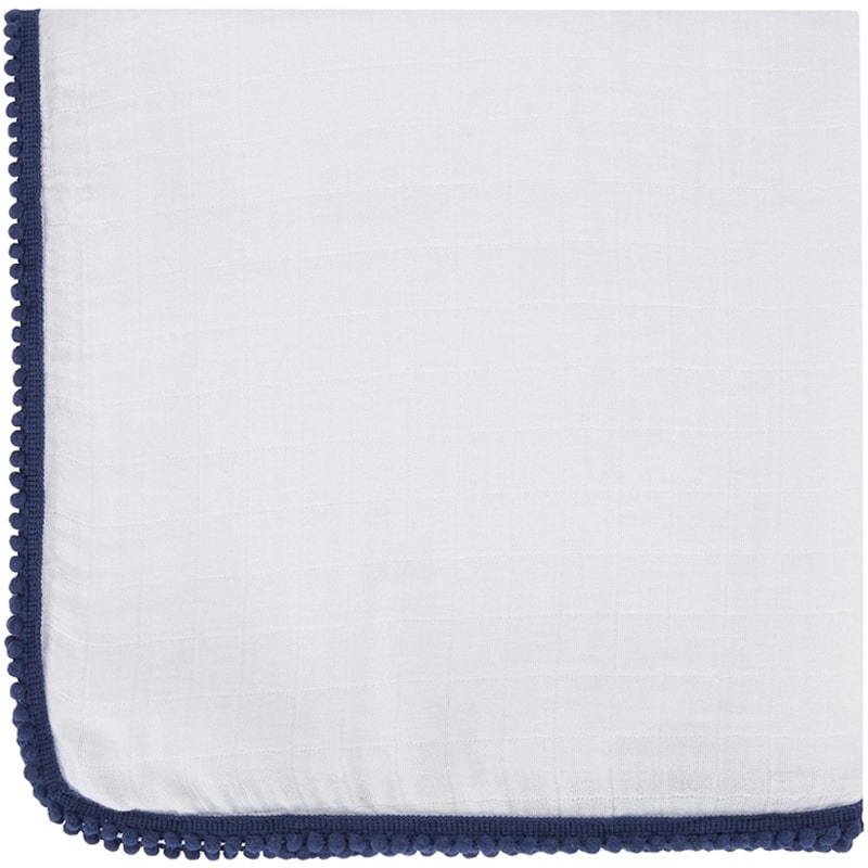 Malabar Baby Luxe Silky Soft Bamboo Cotton Swaddle – Navy Pom Pom Trim (1 pc) shown folded