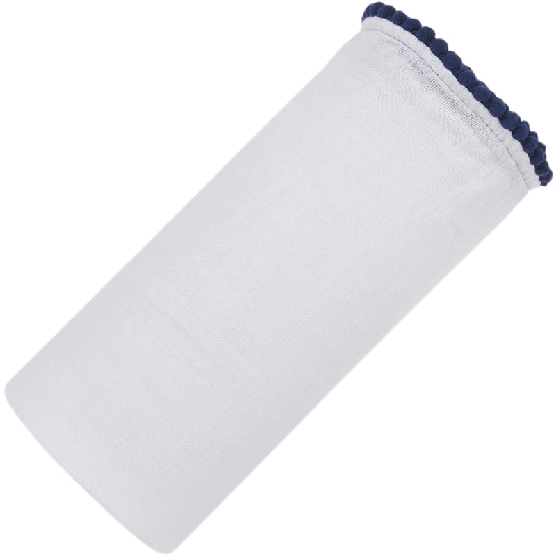 Malabar Baby Luxe Silky Soft Bamboo Cotton Swaddle – Navy Pom Pom Trim (1 pc) shown rolled