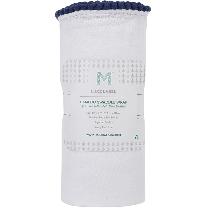Malabar Baby Luxe Silky Soft Bamboo Cotton Swaddle – Navy Pom Pom Trim (1 pc) shown rolled with packaging