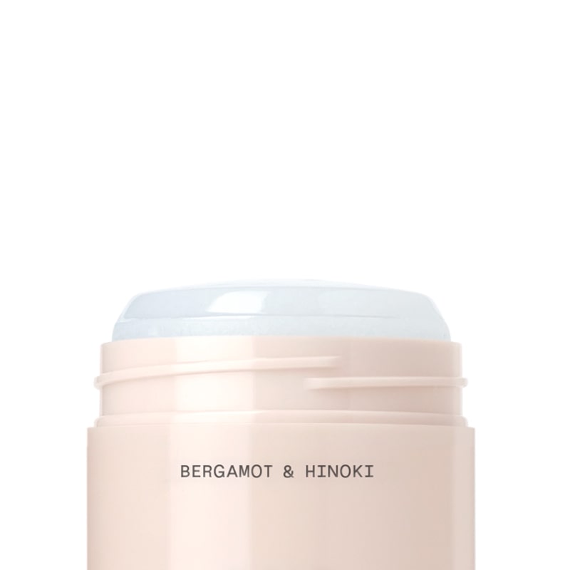 Close up of Salt & Stone Bergamot & Hinoki Natural Deodorant Gel (2.6 oz) with cap off to show tip of deodorant