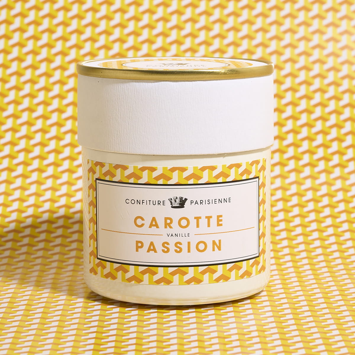 Confiture Parisienne Carrot - Passionfruit - Vanilla Jam (8.5 oz) against a patterned background