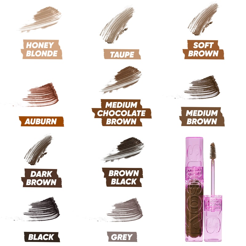 Kosas Cosmetics Air Brow Fluff & Hold Treatment Gel - showing all color smears with color name below from darkest to black, then grey. Also available in Clear.
