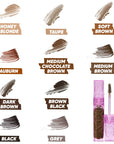 Kosas Cosmetics Air Brow Fluff & Hold Treatment Gel - showing all color smears with color name below from darkest to black, then grey. Also available in Clear.