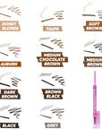 Kosas Cosmetics Brow Pop Dual-Action Defining Pencil  showing colors from lightest to darkest and possible line colors/thicknesses