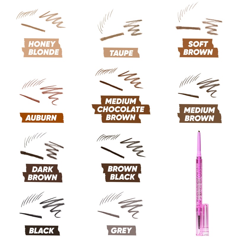 Kosas Cosmetics Brow Pop Dual-Action Defining Pencil  showing colors from lightest to darkest and possible line colors/thicknesses