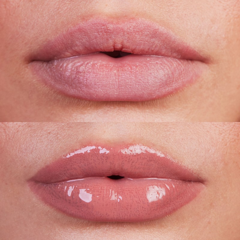 Kosas Cosmetics Wet Lip Oil Gloss - Unhooked shown on model with medium skin tone with and without the gloss