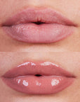 Kosas Cosmetics Wet Lip Oil Gloss - Unhooked shown on model with medium skin tone with and without the gloss