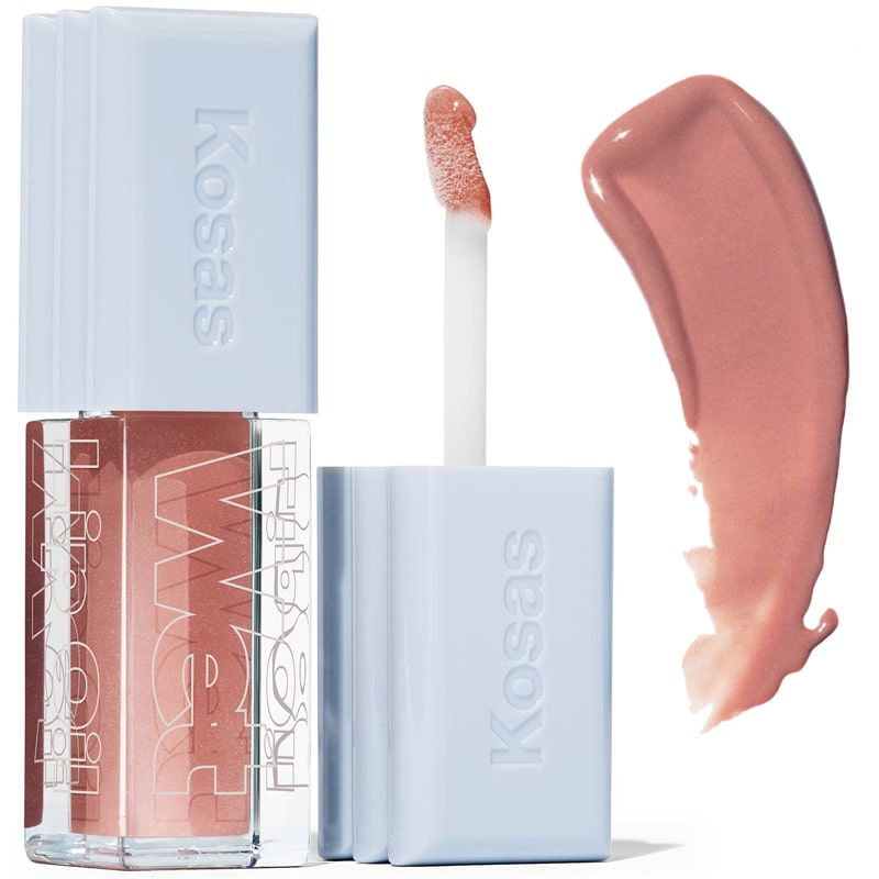 Kosas Cosmetics Wet Lip Oil Gloss - Unhooked (4.6 ml) showing spreading wand and product swatch