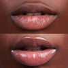 Kosas Cosmetics Wet Lip Oil Gloss - Unbuttoned shown on model with medium skin tone with and without the gloss