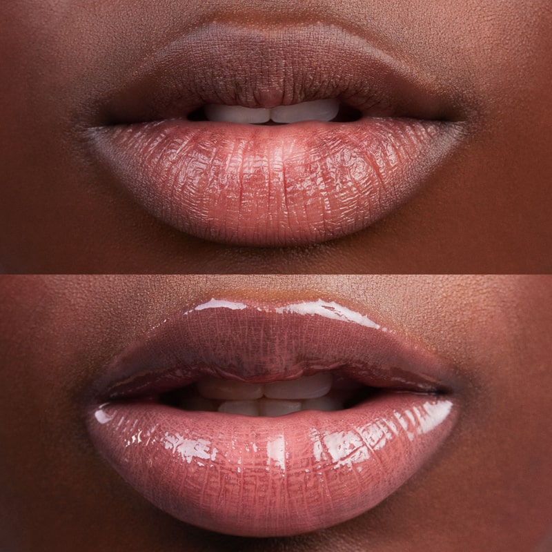 Kosas Cosmetics Wet Lip Oil Gloss - Unbuttoned shown on model with medium skin tone with and without the gloss