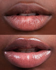 Kosas Cosmetics Wet Lip Oil Gloss - Unbuttoned shown on model with medium skin tone with and without the gloss