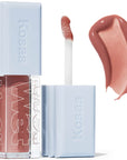Kosas Cosmetics Wet Lip Oil Gloss - Unbuttoned (4.6 ml) showing spreading wand and product swatch