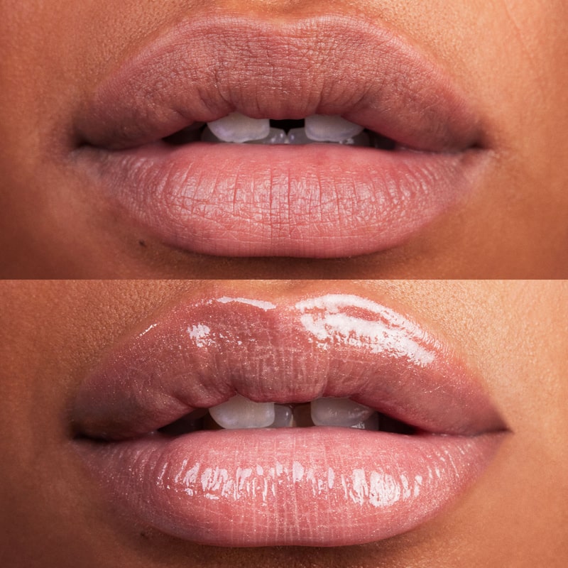 Kosas Cosmetics Wet Lip Oil Gloss - Unzipped shown on model with medium skin tone with and without the gloss