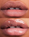 Kosas Cosmetics Wet Lip Oil Gloss - Unzipped shown on model with medium skin tone with and without the gloss