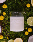 Lifestyle shot top view of Laboratory Perfumes Gorse Candle on grass with yellow flowers, coconut, lemon and lime slices in the background