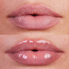 Kosas Cosmetics Wet Lip Oil Gloss - Jellyfish shown on model with medium skin tone with and without the gloss