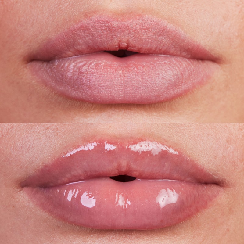Kosas Cosmetics Wet Lip Oil Gloss - Jellyfish shown on model with medium skin tone with and without the gloss
