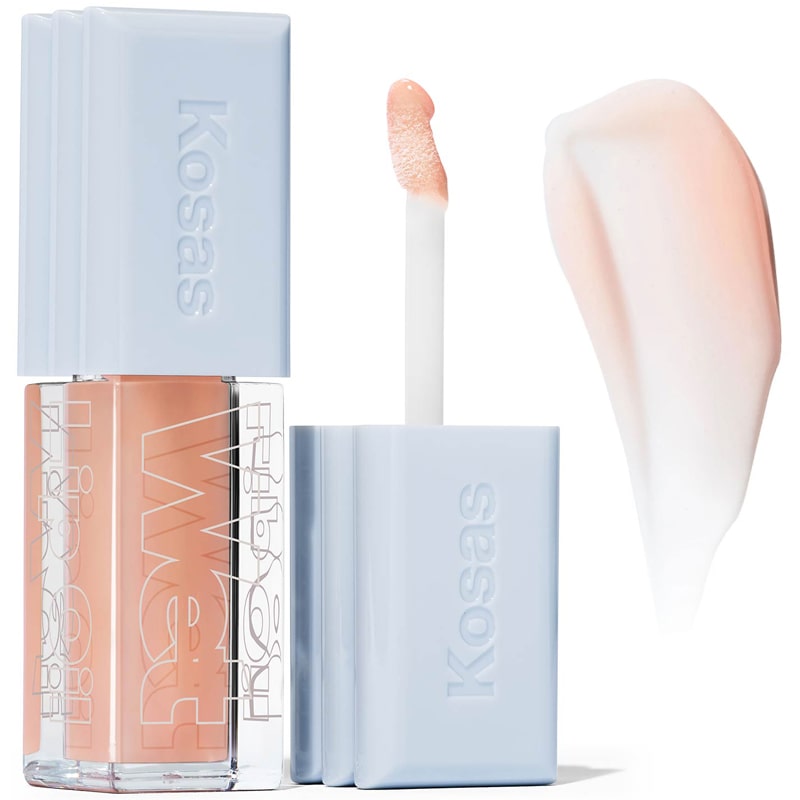 Kosas Cosmetics Wet Lip Oil Gloss - Jellyfish (4.6 ml) showing spreading wand and product swatch