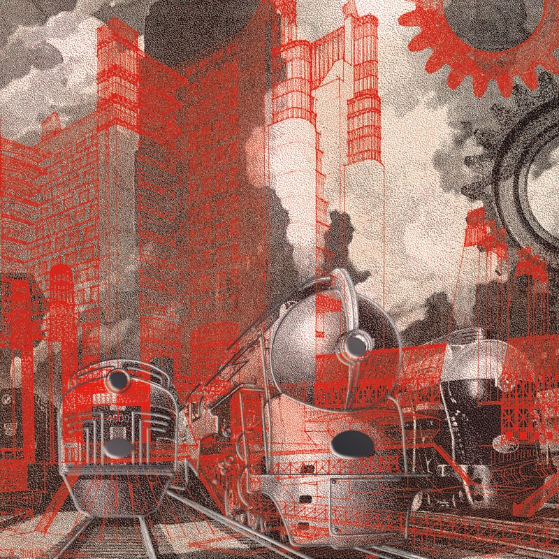Illustration of trains on tracks and tall buildings and cloudy sky in the background