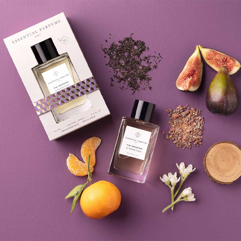 Essential Parfums Fig Infusion by Nathalie Lorson show bottle with package and different notes