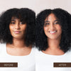 Before and after comparison of a woman with curly black hair, showing the hair texture and volume improved with Rahua Leave-In Treatment. The left side is labeled 'BEFORE' and the right side is labeled 'AFTER'