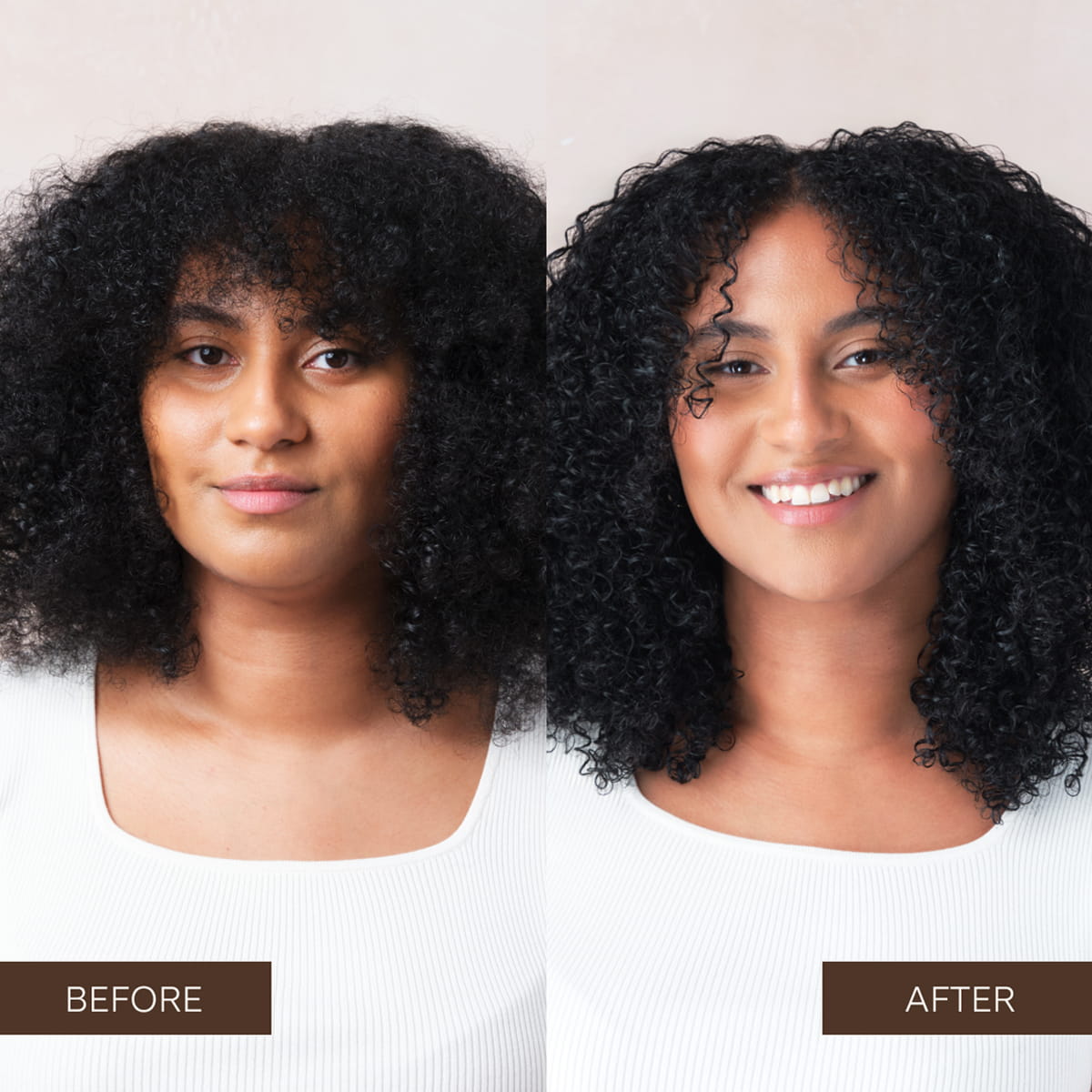 Before and after comparison of a woman with curly black hair, showing the hair texture and volume improved with Rahua Leave-In Treatment. The left side is labeled 'BEFORE' and the right side is labeled 'AFTER'
