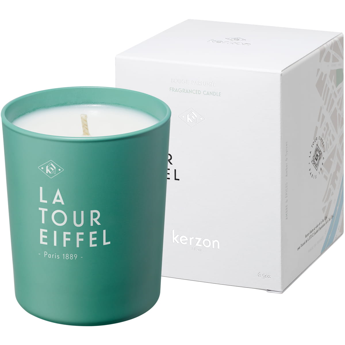 Kerzon Fragranced Candle - La Tour Eiffel (190 g) - product shown next to packaging. 
