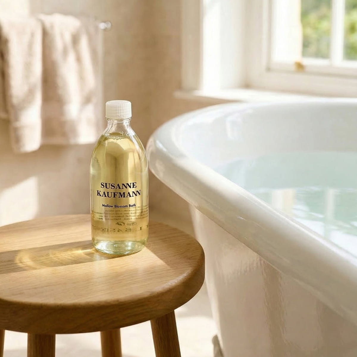 Lifestyle shot of Susanne Kaufmann Mallow Blossom Bath (250 ml) sitting on wood stool in bathroom next to bath tub