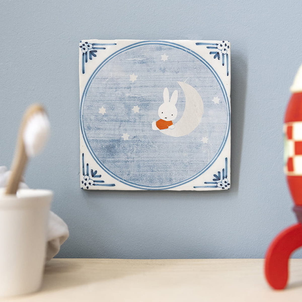 StoryTiles Miffy on the Moon (1 pc) - product shown on a blue wall. 