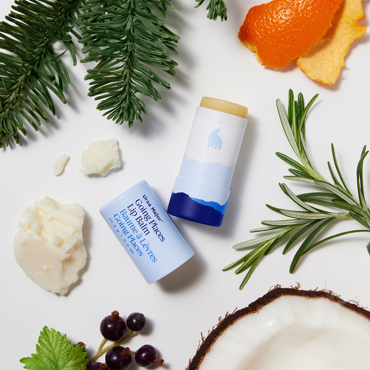 Ursa Major Going Places Lip Balm (0.5 oz) - white surface with natural elements like leaves and fruits.