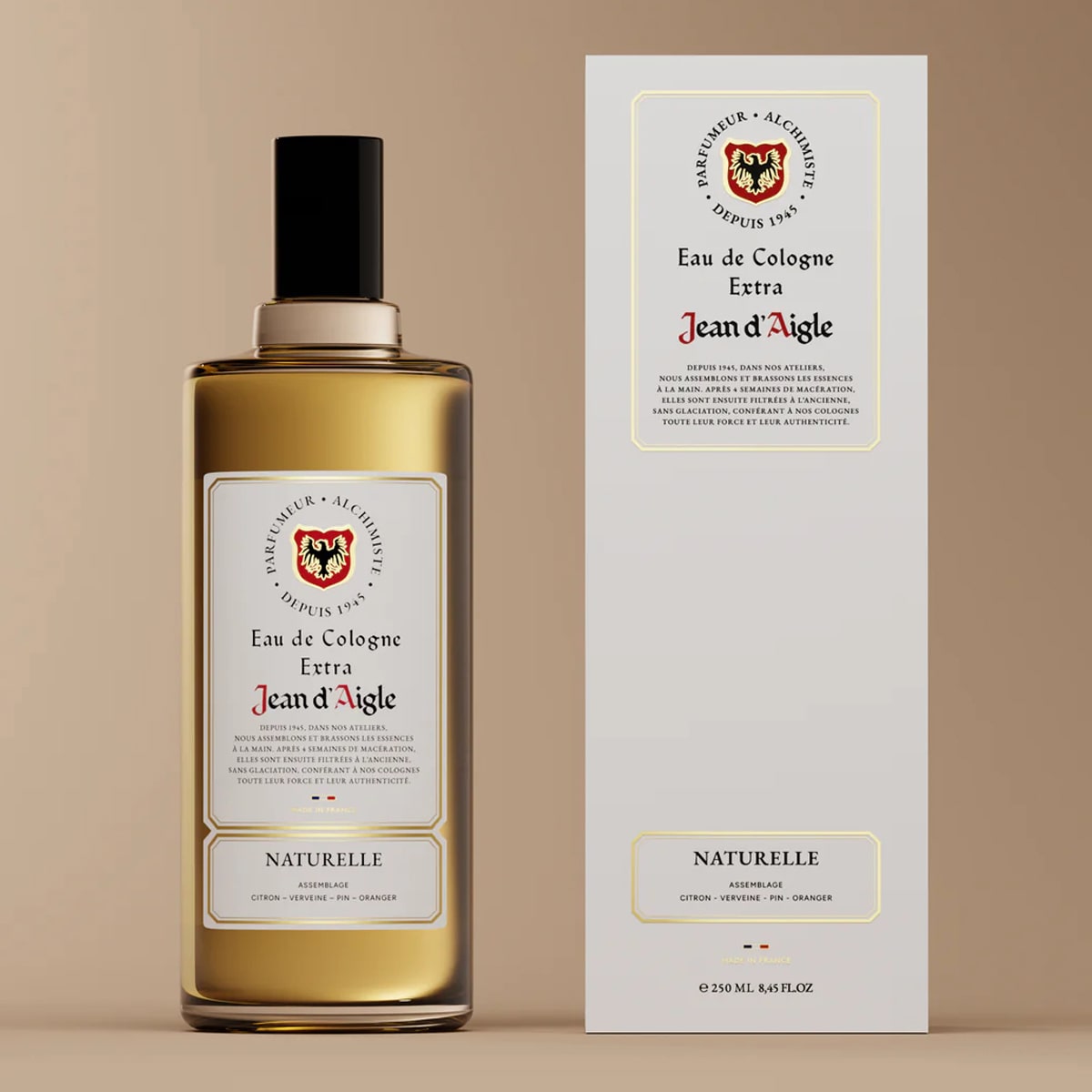 Jean d'Aigle Eau de Cologne – Naturelle (Natural) (250 ml) - product shown next to packaging. 
