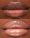 Kosas Cosmetics Wet Lip Oil Gloss - Exposed shown on model with medium skin tone with and without the gloss