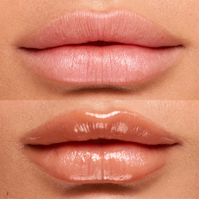 Kosas Cosmetics Wet Lip Oil Gloss - Bare shown on model with medium skin tone with and without the gloss