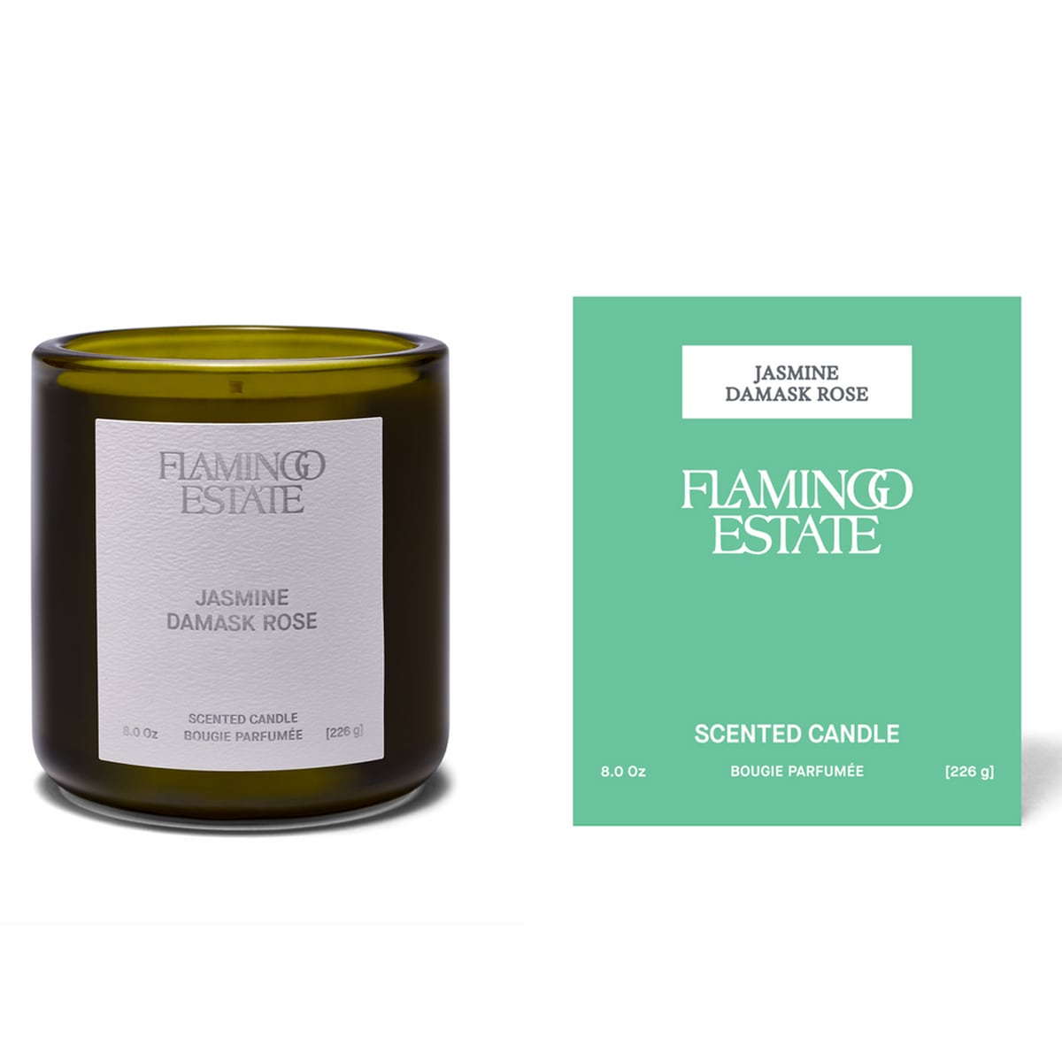 Flamingo Estate Jasmine & Damask Rose Candle (226 g) - product shown next to packaging.