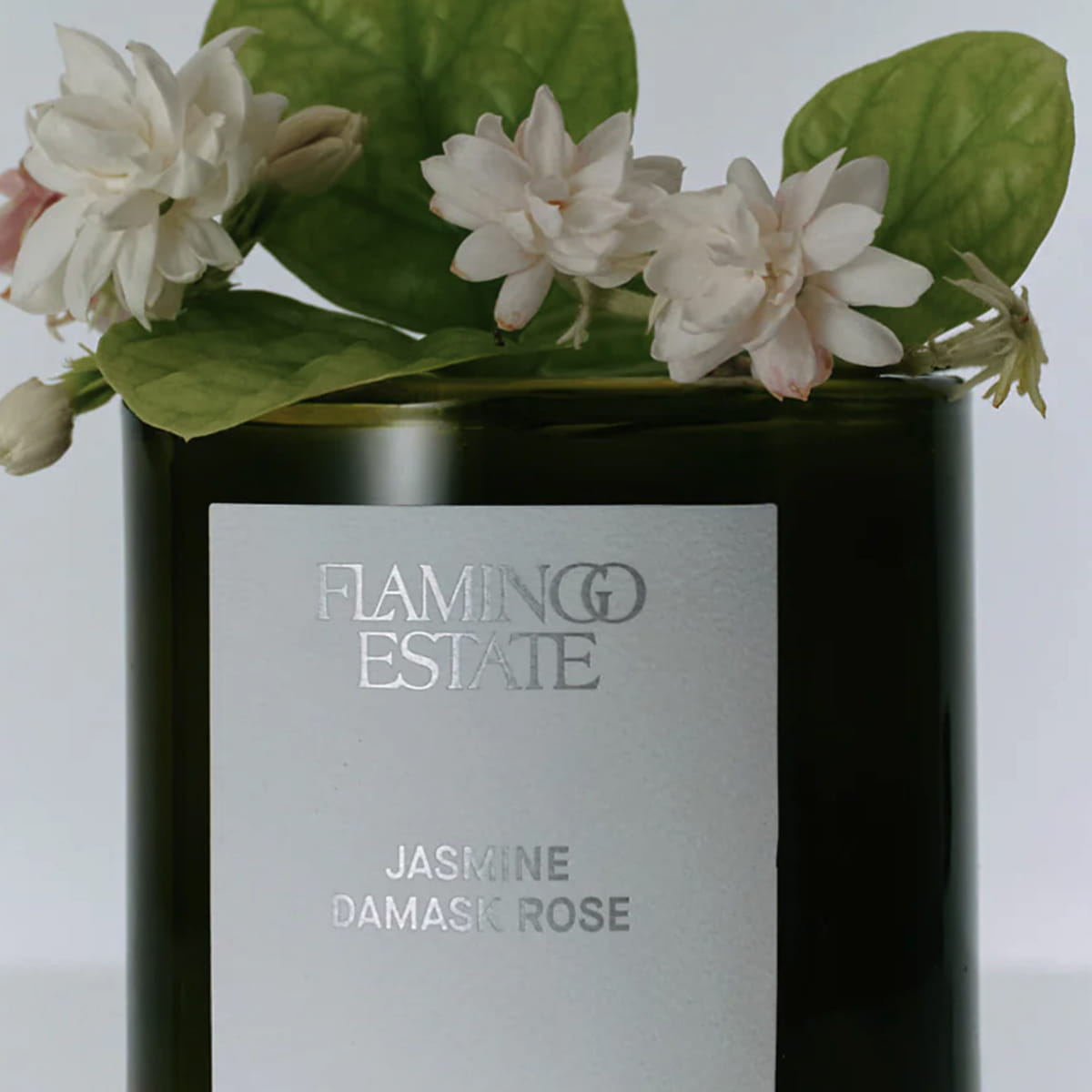 Flamingo Estate Jasmine &amp; Damask Rose Candle (226 g) - product shown up close.