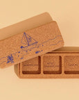 LES PANACEES Cork Travel Box for 3 Solid Bath Products - Sailboat  - Overhead shot of product with lid off