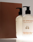 Lifestyle shot of Eau d’Italie Sandalwood & Vanilla Hand & Body Lotion (300 ml) in front of mirror with brown background reflection