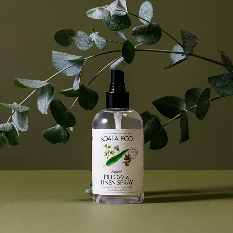 Koala Eco Pillow and Linen Spray - Bottle infront of plant lifestyle photo on green background