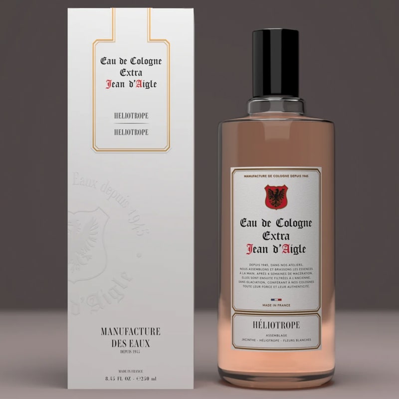 Jean d&#39;Aigle Eau de Cologne – Heliotrope - Perfume bottle and packaging side by side