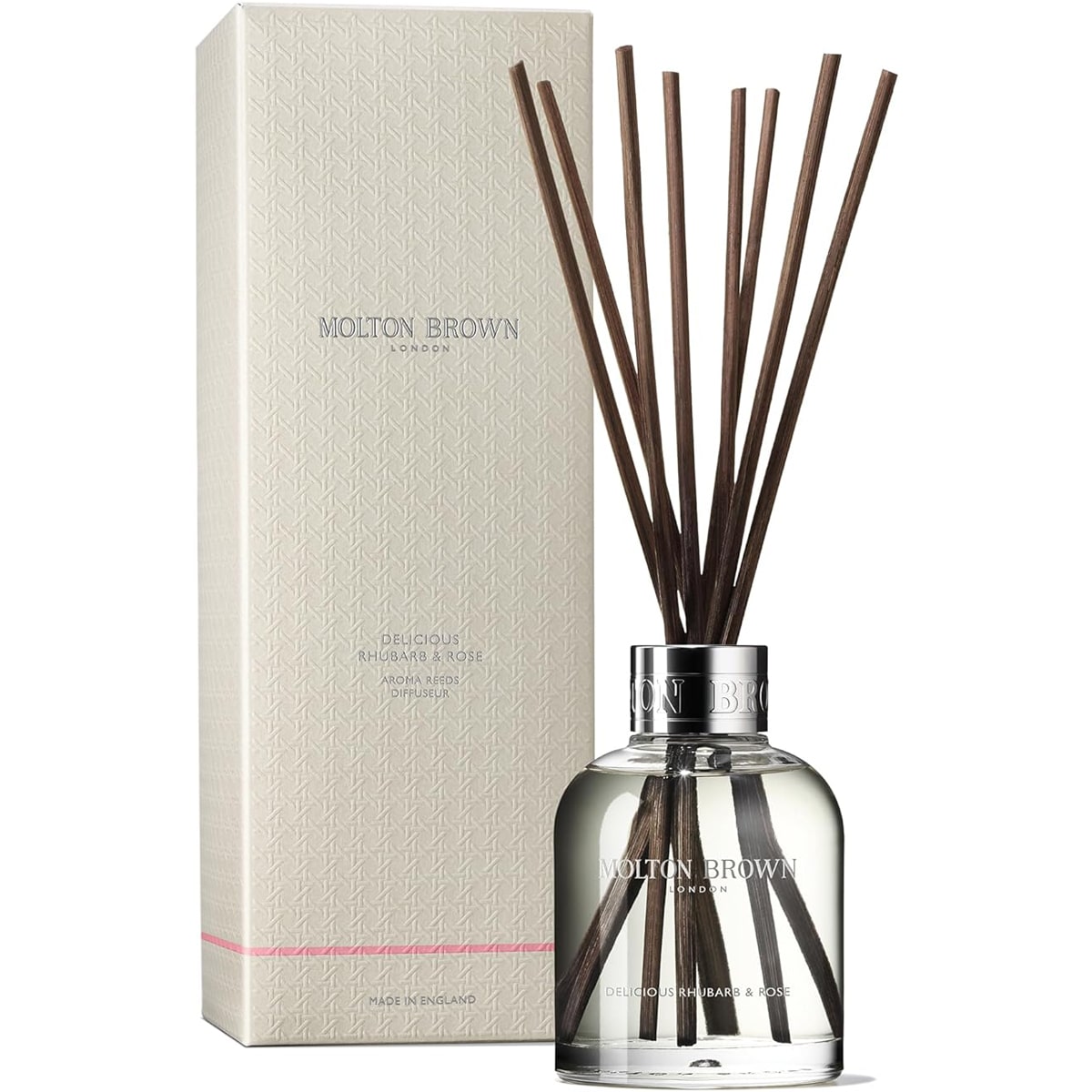 Molton Brown Delicious Rhubarb & Rose Aroma Reeds (150 ml) shown with box shown